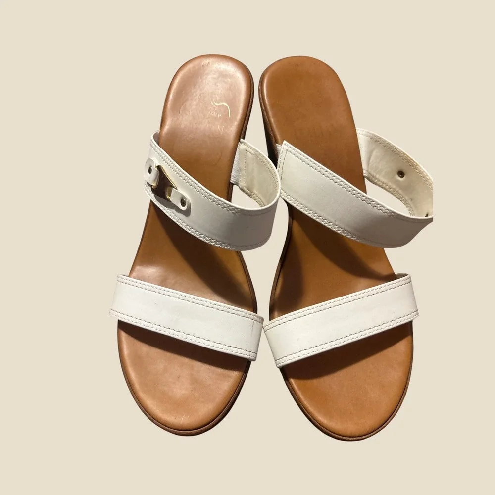 Sesto Meucci White Leather Wedge Sandals Gold Hardware Made in Italy Slides